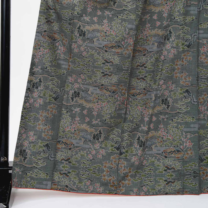 【中古品】仕立て上がり 色大島「グレー 御所解文様」小紋 正絹 紬【メール便不可】