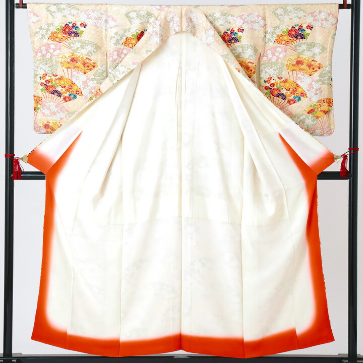【中古品】仕立て上がり 袷着物「向鶴文 扇と吉祥尽くし 薄橙色」小紋【メール便不可】