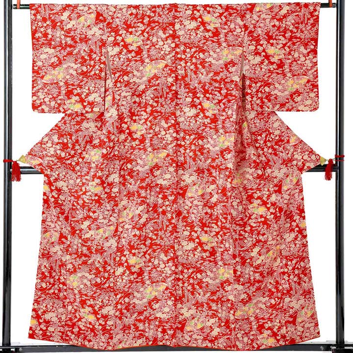 【中古品】仕立て上がり 袷着物「雉と扇、草花文様 赤」小紋【メール便不可】