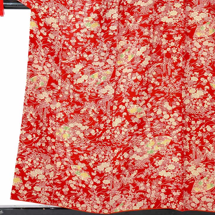 【中古品】仕立て上がり 袷着物「雉と扇、草花文様 赤」小紋【メール便不可】