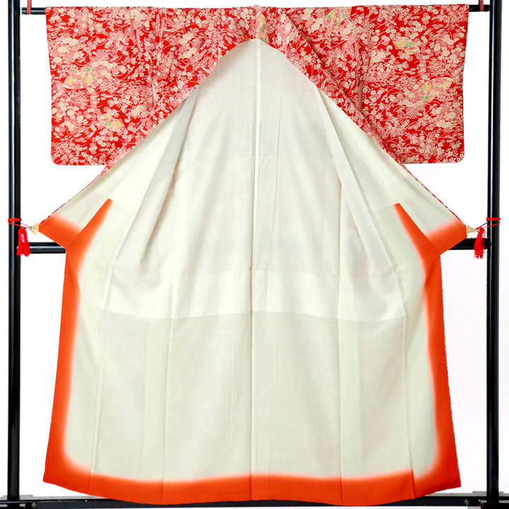 【中古品】仕立て上がり 袷着物「雉と扇、草花文様 赤」小紋【メール便不可】