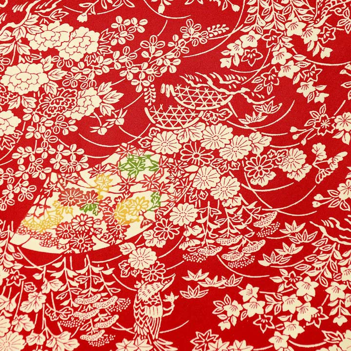 【中古品】仕立て上がり 袷着物「雉と扇、草花文様 赤」小紋【メール便不可】