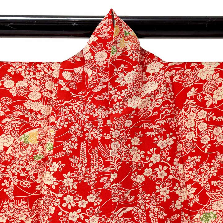 【中古品】仕立て上がり 袷着物「雉と扇、草花文様 赤」小紋【メール便不可】