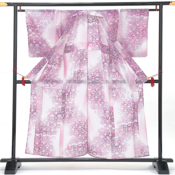 中古品)夏着物「更紗ぼかし 白×紫」正絹(メール便不可