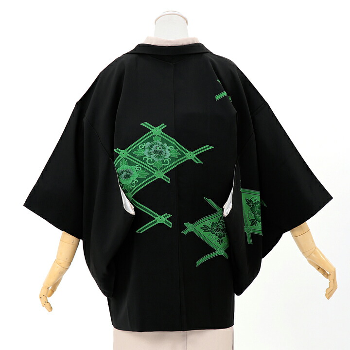 【中古品】羽織「二重襷に変わり花菱　黒、緑」正絹 羽織り【メール便不可】