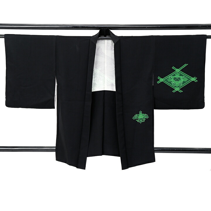 【中古品】羽織「二重襷に変わり花菱　黒、緑」正絹 羽織り【メール便不可】