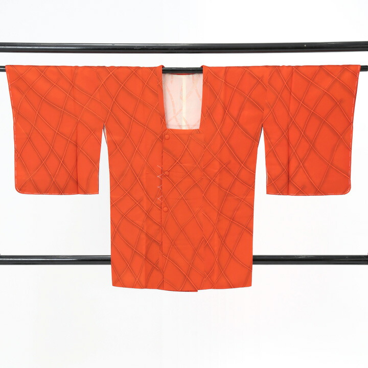 【中古品】道行コート「変わり格子 朱色」着物コート 和装コート【メール便不可】