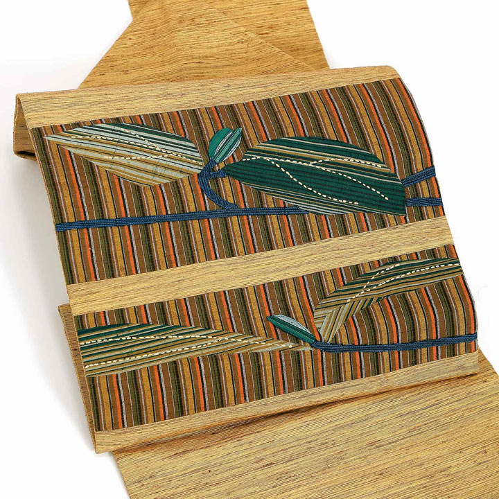 【中古品】仕立て上がり 名古屋帯 「枝葉 芽吹き 黄唐茶」八寸名古屋帯【メール便不可】