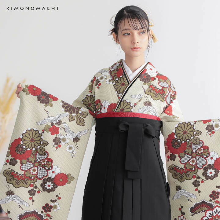 KIMONOMACHI 二尺袖着物 単品「鶴と花紋に紗綾形 鳥の子色
