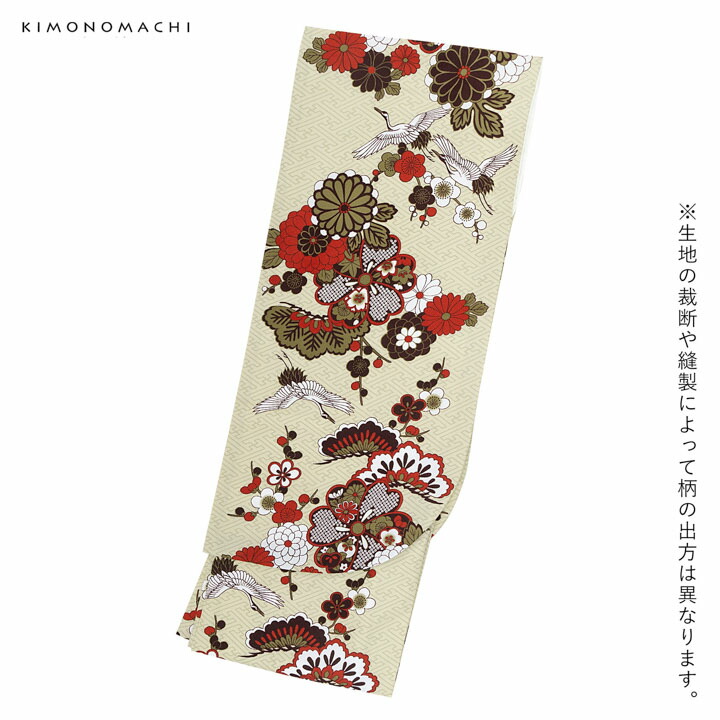 KIMONOMACHI 二尺袖着物 単品「鶴と花紋に紗綾形 鳥の子色