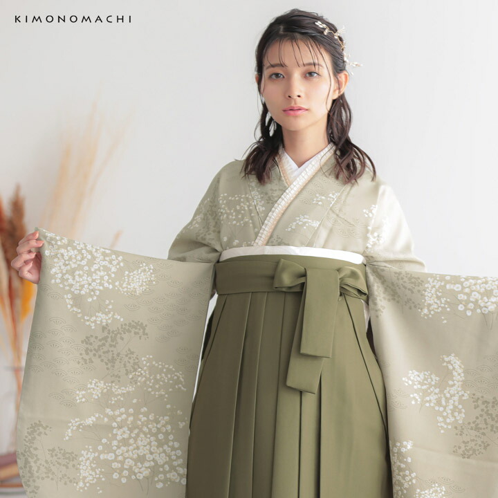 KIMONOMACHI 二尺袖着物 単品「かすみ草に青海波 灰黄緑」KIMONOMACHI