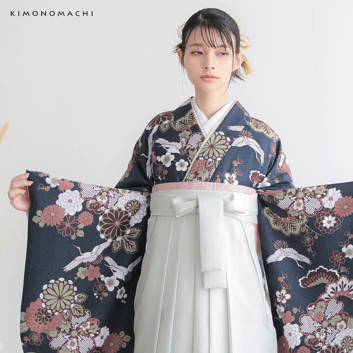 卒業式 袴 洗える着物 二尺袖 「紺に鶴」KIMONOMACHI 着物　浴衣 KIMONOMACHI 二尺袖着物 単品「鶴と花紋に紗綾形 紺色」KIMONOMACHI