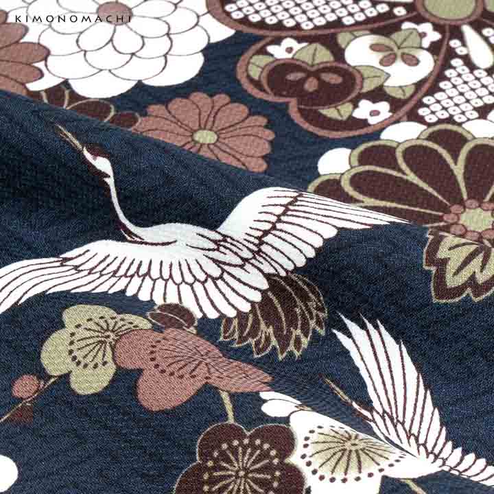 KIMONOMACHI 二尺袖着物 単品「鶴と花紋に紗綾形 紺色」KIMONOMACHI