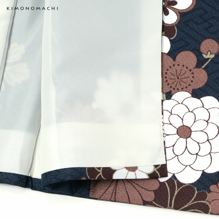 KIMONOMACHI 二尺袖着物 単品「鶴と花紋に紗綾形 紺色」KIMONOMACHI