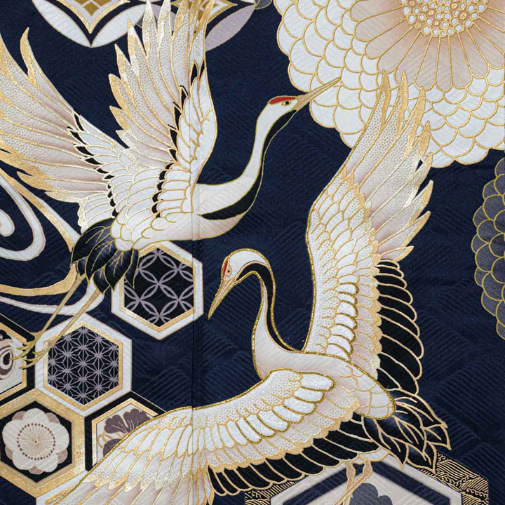 未仕立て 振袖 22点セット「Precious 紺x白 翔鶴に菊」仮絵羽