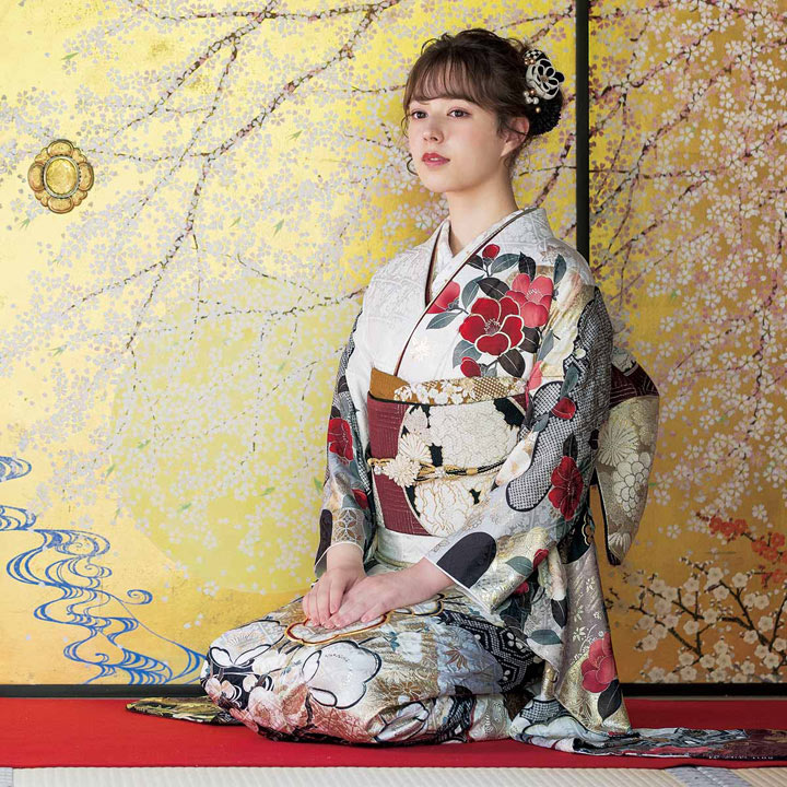 未仕立て 振袖 22点セット「SACRA 白 梅椿に霞」仮絵羽 振り袖 正絹 着物 ブランド振袖 成人式 結婚式 結納 パーティー 晴れ着 【メール便不可】