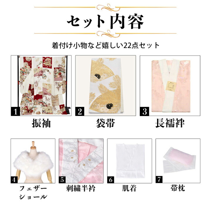 未仕立て 振袖 22点セット「Coffret 白 扇面市松模様」仮絵羽 振り袖