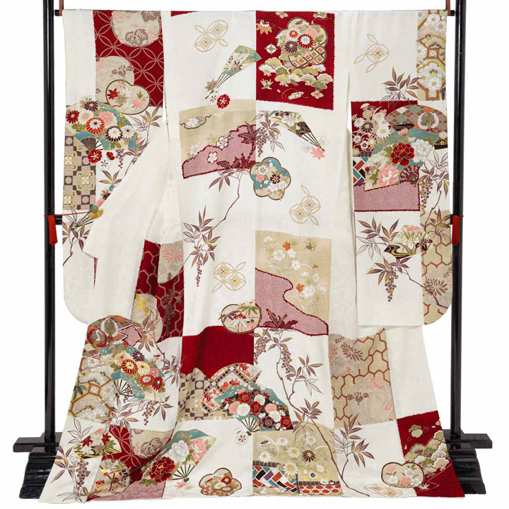 masami様　振袖　未仕立て品　正絹 未仕立て 振袖 22点セット「Coffret 白 扇面市松模様」仮絵羽 振り袖