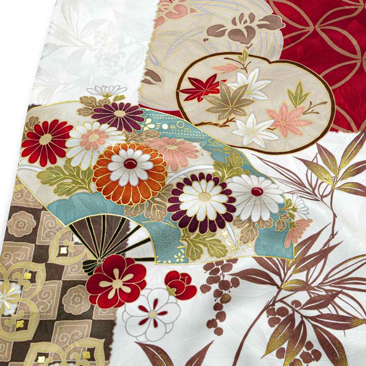 お*様 正絹 振袖 梅 市松 未仕立て品 仮絵羽 未仕立て 振袖 22点セット「Coffret 白 扇面市松模様」仮絵羽 振り袖