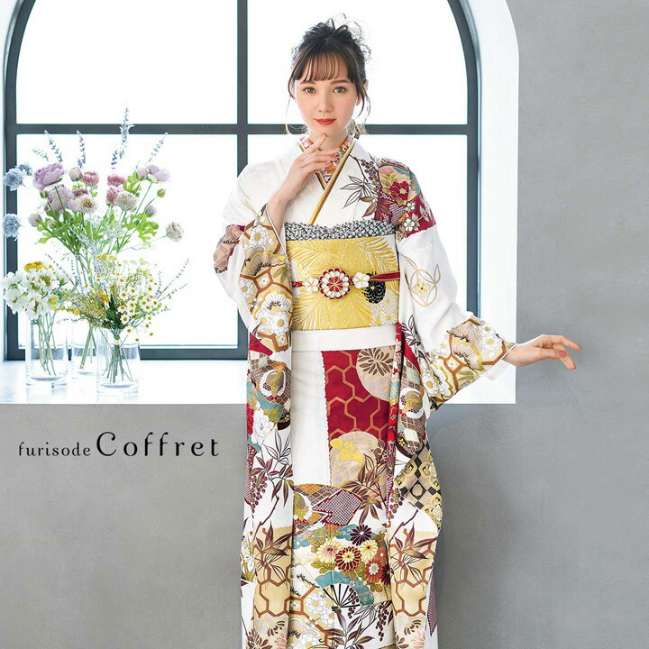 未仕立て 振袖 22点セット「Coffret 白 扇面市松模様」仮絵羽 振り袖