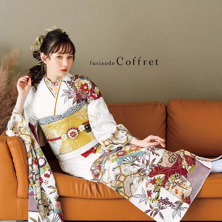未仕立て 振袖 22点セット「Coffret 白 扇面市松模様」仮絵羽 振り袖