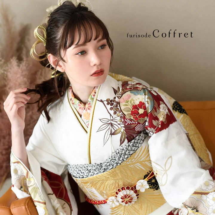 未仕立て 振袖 22点セット「Coffret 白 扇面市松模様」仮絵羽 振り袖