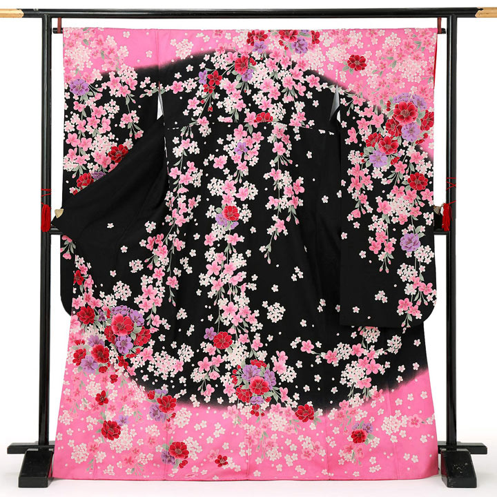 【中古品】仕立て上がり 振袖「夜桜　黒　ピンク」貸衣装処分 レンタル処分品 成人式【メール便不可】