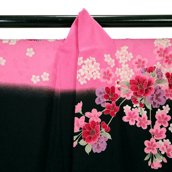 【中古品】仕立て上がり 振袖「夜桜　黒　ピンク」貸衣装処分 レンタル処分品 成人式【メール便不可】