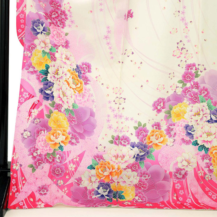 中古品)仕立て上がり 振袖「リボン 花尽くし オフホワイト ピンク」貸 