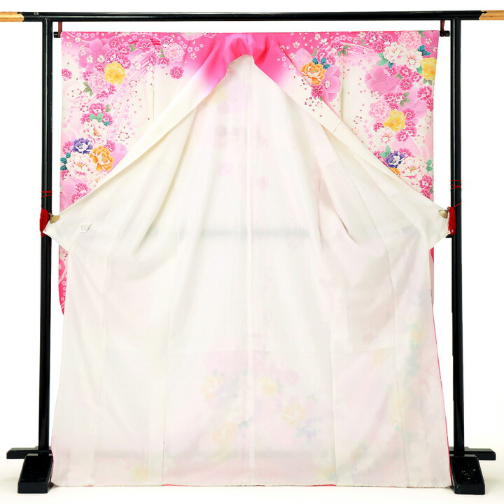 中古品)仕立て上がり 振袖「リボン 花尽くし オフホワイト ピンク」貸 
