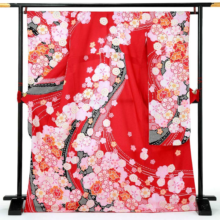 【中古品】仕立て上がり 振袖「流水に桜牡丹　赤」貸衣装処分 レンタル処分品 成人式【メール便不可】