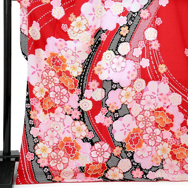 【中古品】仕立て上がり 振袖「流水に桜牡丹　赤」貸衣装処分 レンタル処分品 成人式【メール便不可】
