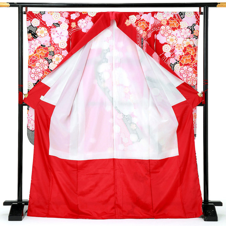 【中古品】仕立て上がり 振袖「流水に桜牡丹　赤」貸衣装処分 レンタル処分品 成人式【メール便不可】