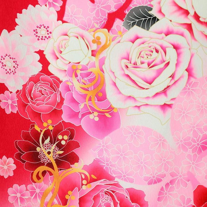 【中古品】仕立て上がり 振袖「バラに蝶　赤色地にピンクぼかし」貸衣装処分 レンタル処分品 成人式【メール便不可】