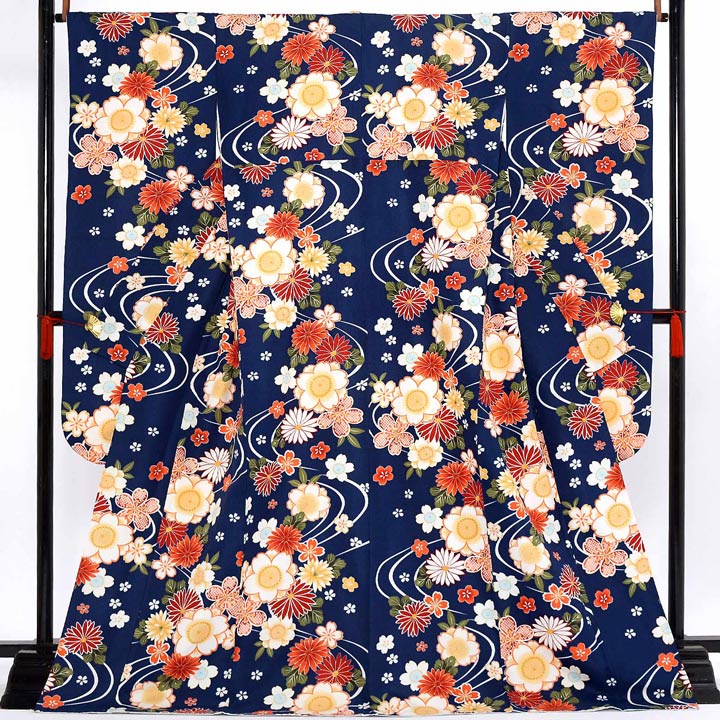 (中古品)仕立て上がり 振袖「流水に桜と菊 濃青色」貸衣装処分 レンタル処分品 成人式(メール便不可)ss2512fml20