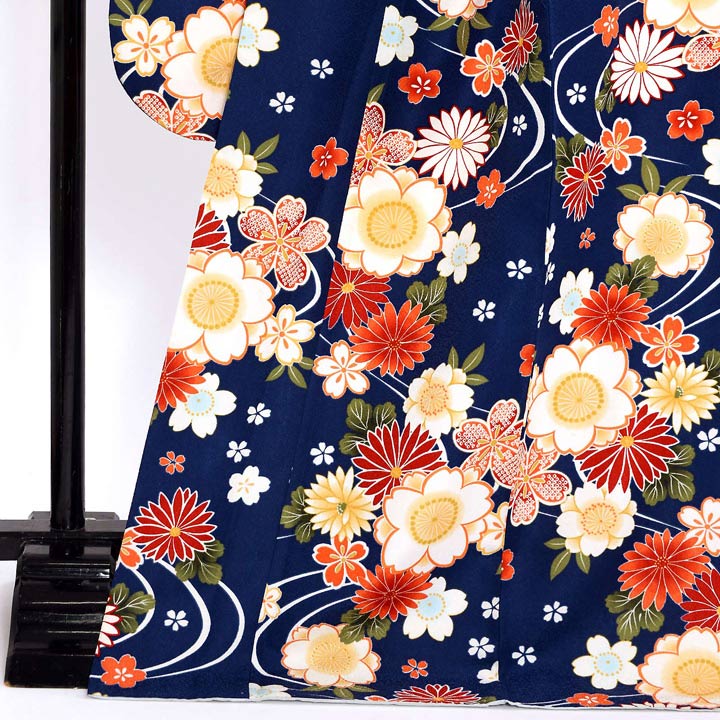 (中古品)仕立て上がり 振袖「流水に桜と菊 濃青色」貸衣装処分 レンタル処分品 成人式(メール便不可)_1