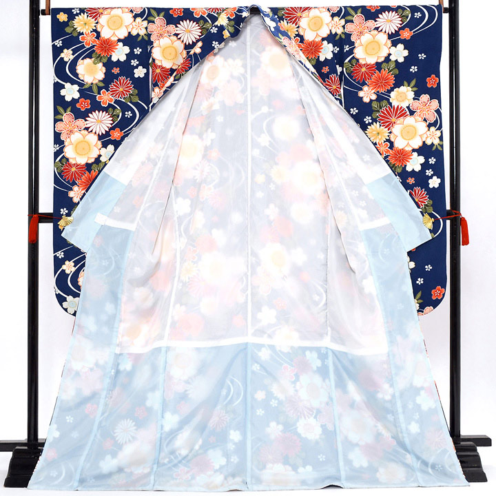 (中古品)仕立て上がり 振袖「流水に桜と菊 濃青色」貸衣装処分 レンタル処分品 成人式(メール便不可)_2
