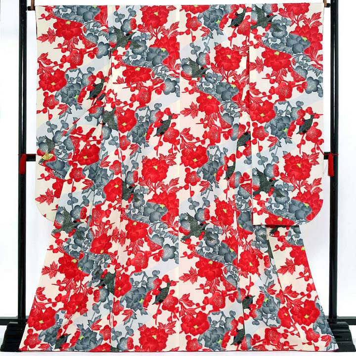 【中古品】仕立て上がり 振袖「小紋柄 梅と牡丹に小鳥 象牙色地に赤 グレー」貸衣装処分 レンタル処分品 成人式【メール便不可】