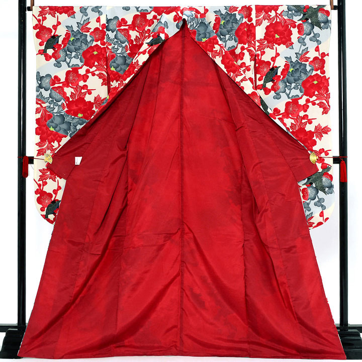 【中古品】仕立て上がり 振袖「小紋柄 梅と牡丹に小鳥 象牙色地に赤 グレー」貸衣装処分 レンタル処分品 成人式【メール便不可】