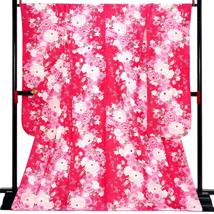 (中古品)仕立て上がり 振袖「花々 ローズピンク」貸衣装処分 レンタル処分品 成人式(メール便不可)ss2512fml20