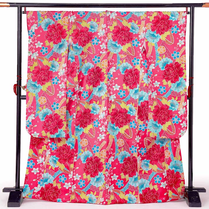 (中古品)仕立て上がり 振袖「熨斗に牡丹と桜 紅赤色」貸衣装処分 レンタル処分品 成人式(メール便不可)ss2512fml20
