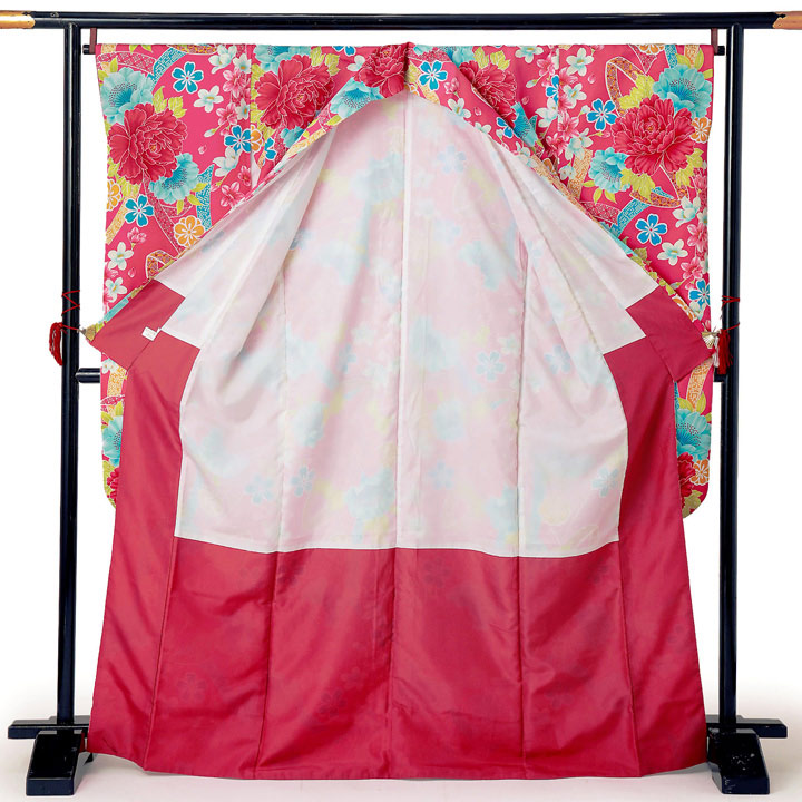 (中古品)仕立て上がり 振袖「熨斗に牡丹と桜 紅赤色」貸衣装処分 レンタル処分品 成人式(メール便不可)ss2512fml20_2