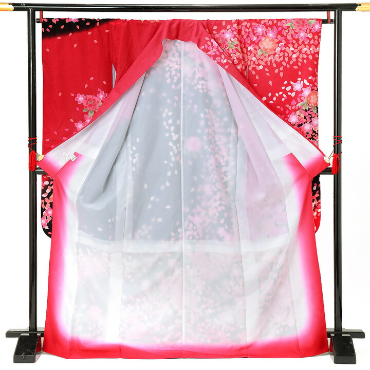 【中古品】仕立て上がり 振袖「小桜地模様　桜吹雪　黒　赤」貸衣装処分 レンタル処分品 成人式【メール便不可】