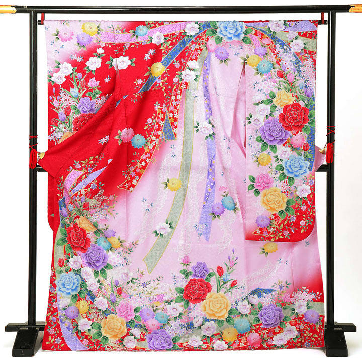 【中古品】仕立て上がり 振袖「小桜地模様　束ね熨斗にレース バラ チューリップ 菊　深緋色地に桜色ぼかし」貸衣装処分 レンタル処分品 成人式【メール便不可】