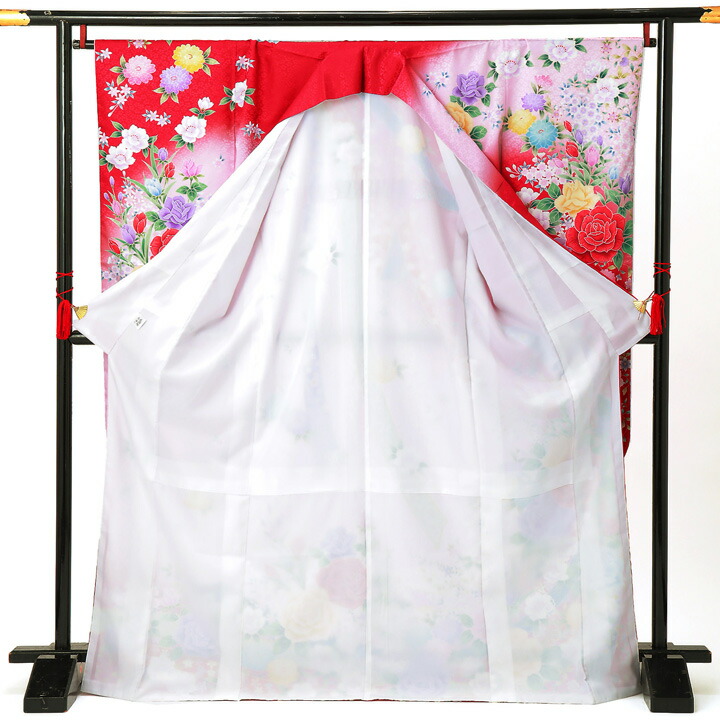【中古品】仕立て上がり 振袖「小桜地模様　束ね熨斗にレース バラ チューリップ 菊　深緋色地に桜色ぼかし」貸衣装処分 レンタル処分品 成人式【メール便不可】