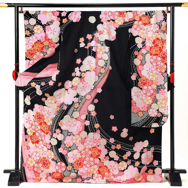 【中古品】仕立て上がり 振袖「流水紋様 桜 鹿の子 黒地」貸衣装処分 レンタル処分品 成人式【メール便不可】