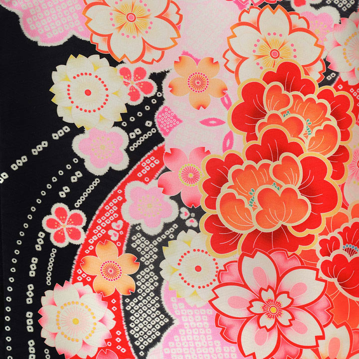【中古品】仕立て上がり 振袖「流水紋様 桜 鹿の子 黒地」貸衣装処分 レンタル処分品 成人式【メール便不可】