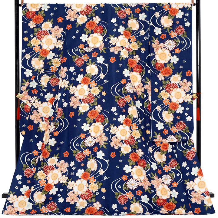 (中古品)仕立て上がり 振袖「流水に桜と菊 濃青色」貸衣装処分 レンタル処分品 成人式(メール便不可)ss2503fml10