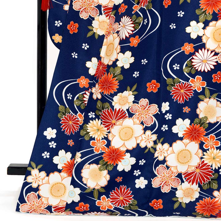 (中古品)仕立て上がり 振袖「流水に桜と菊 濃青色」貸衣装処分 レンタル処分品 成人式(メール便不可)ss2503fml10_画像1