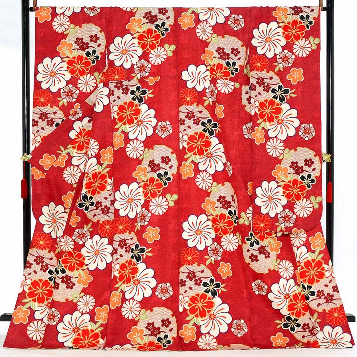 中古品)仕立て上がり 振袖「雪輪 ねじり菊に桜 深緋色」貸衣装処分